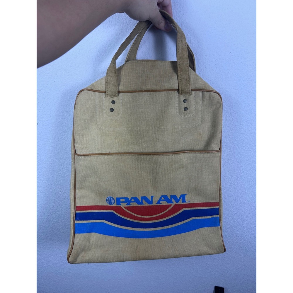 Vintage Pan Am Airline Canvas Travel Flight Bag Tan Blue Red Logo Retro Tote